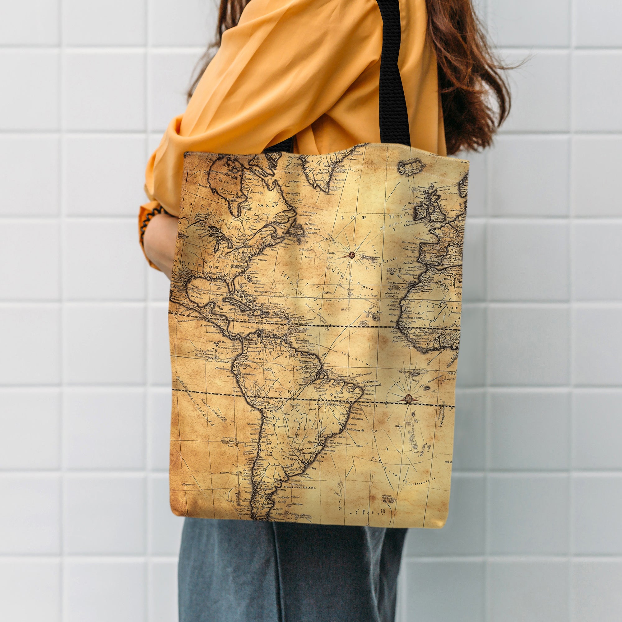 1pc Vintage World Map Canvas Tote Bag - Durable Polyester, Retro Style with Classic Map Design, Perfect for Shopping & Everyday Use, Shopping Canvas Bag|Nostalgic Accessory|Detailed Cartographic Print
