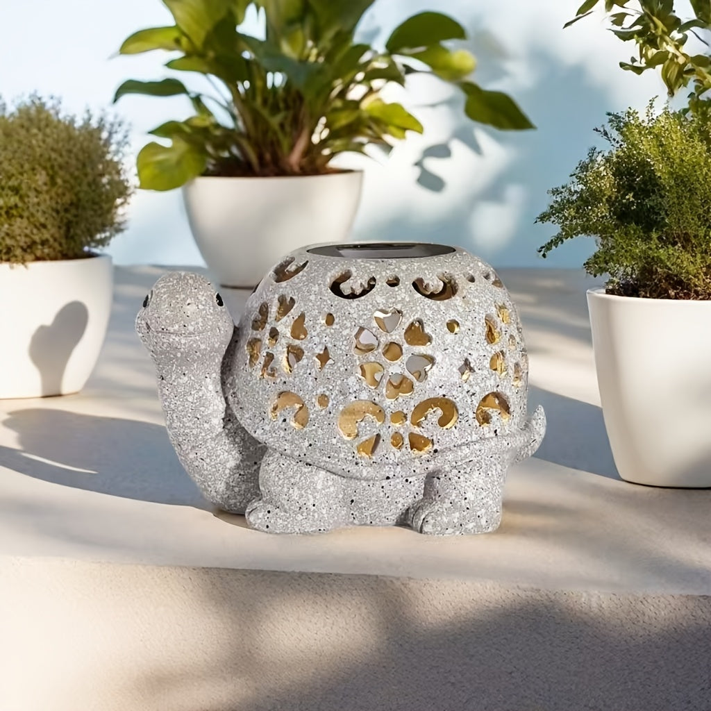 TortuLuz TT — Lámpara Solar de Jardín en Forma de Tortuga con Detalles Florales (Estilo Rústico, Resina)