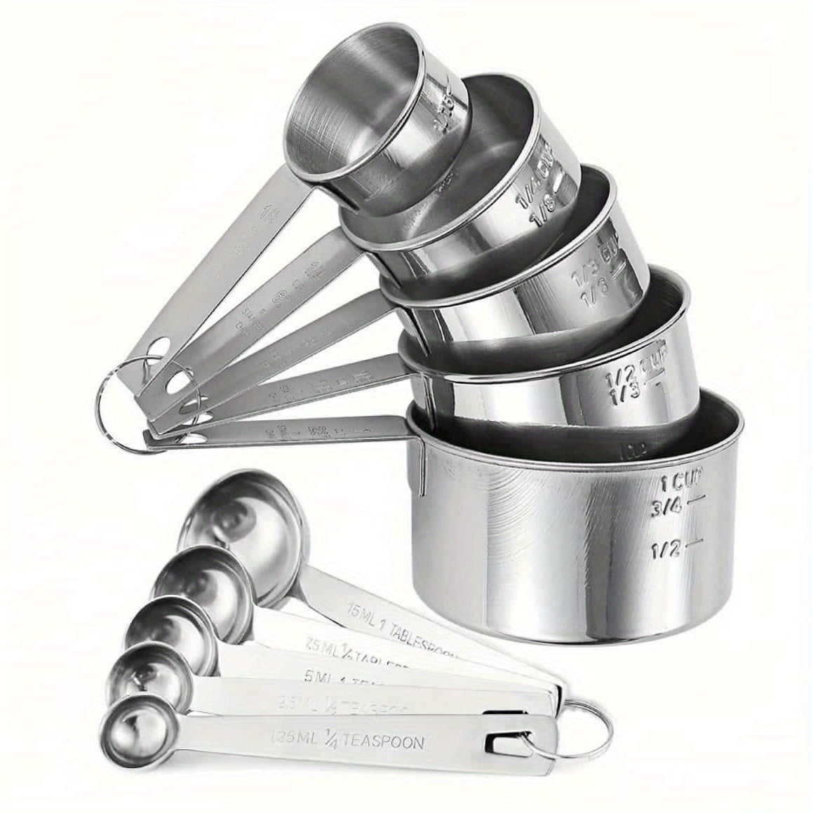 10pcs Set of Rolled Edge Measuring Cups, 5pcss Measuring Spoons + 5pcss Measuring Cups, Stackable Stainless Steel Measuring Cups And Spoons, Can Be Used for Dry Food Or Liquids, Kitchen Gadgets for Cooking And Baking, Kitchen