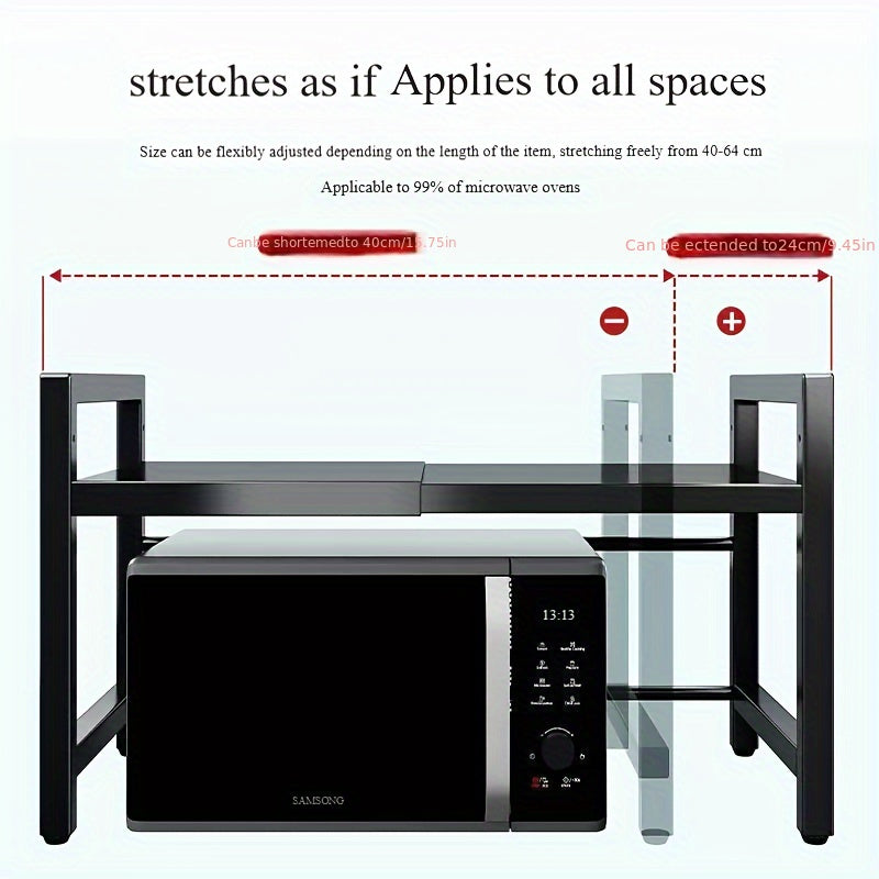 1pc Adjustable Metal Microwave Rack, a New Level of Kitchen Storage: Adjustable Length, Multi-Layer Usage, Retractable Microwave Kitchen Shelf for Countertop, Oven Rack, Home Use Rice Cooker Storage Shelf.