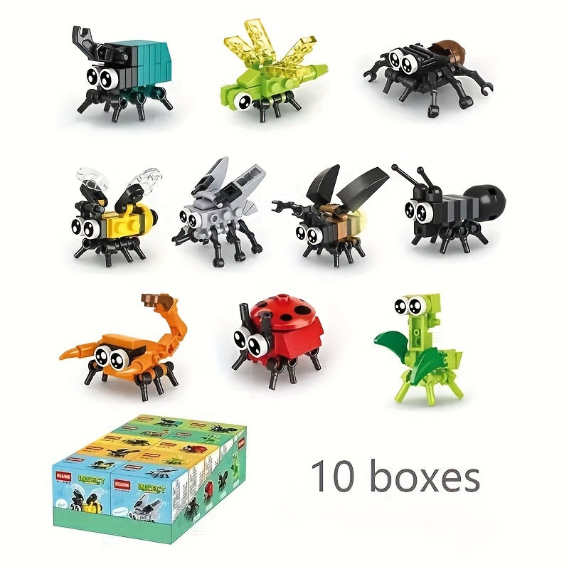A Set of 10 Insect Building Blocks, Featuring Animal Models Like Bees, Ladybugs, Fireflies, Dragonflies, Spiders, And Scorpions, Makes a Perfect Gift for Young People.