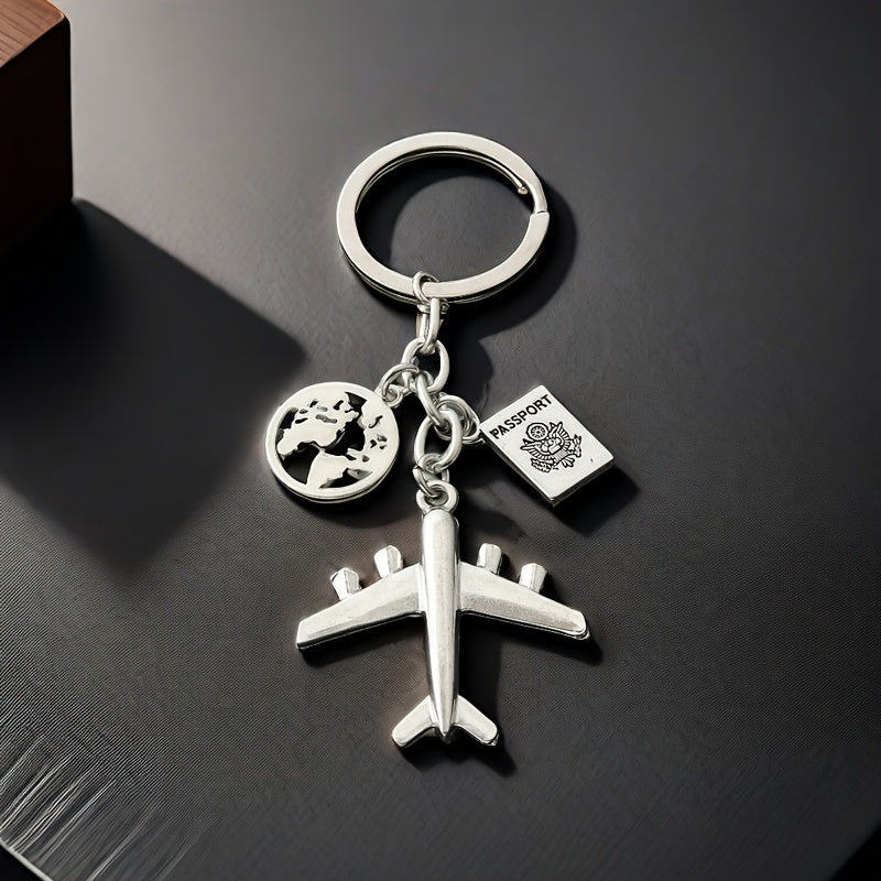 ViajeAmor DN — Llavero de Acero Inoxidable con Charms de Maleta, Globo y Avión (Grabado “Travel with Love”)