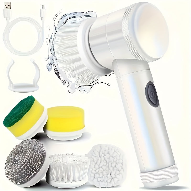 LAN XUN 5-in-1 Rechargeable Electric Cleaning Brush Set with USB Charging, Medium Hardness, Multi-Purpose Handheld Brush Tool Kit for Bathroom, Kitchen, Bedroom, Living Room, Toilet - Includes 5 Brush Heads