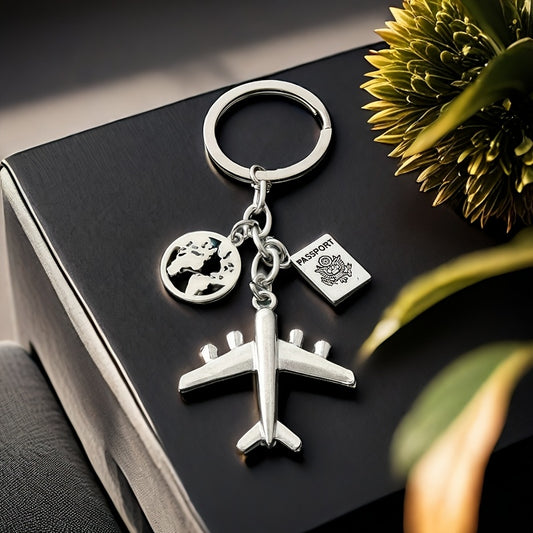 ViajeAmor DN — Llavero de Acero Inoxidable con Charms de Maleta, Globo y Avión (Grabado “Travel with Love”)