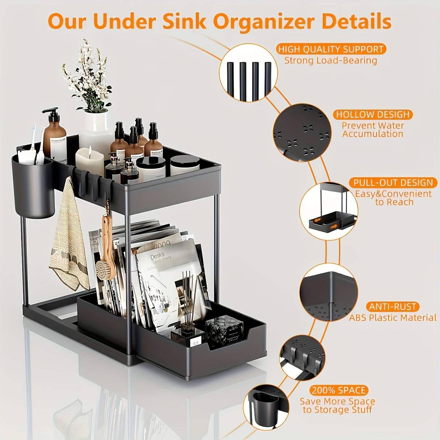 2-Tier Sliding Under Sink Organizer with Metal Frame - Black/White Plastic Storage Basket for Kitchen Spices, Cosmetics & Accessories, Multi-Purpose Bathroom Cabinet Drawer Shelf, Kitchen Organizer | Sleek Storage Solution |