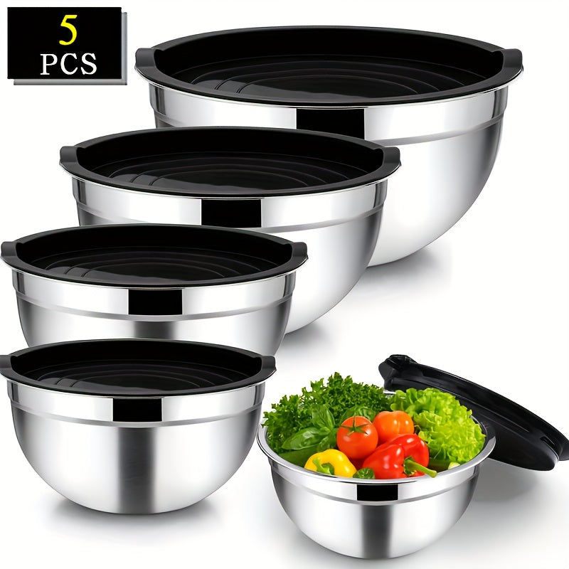 5pcs Stainless Steel Bowl Set, Multi-Functional Kitchen Mixing Bowls with Sealed Lids, Oven-Safe for Baking, Serving Fruits and Vegetables. Ideal for Home Kitchens, Restaurants, Picnics, Camping, Christmas, Easter, Thanksgivi