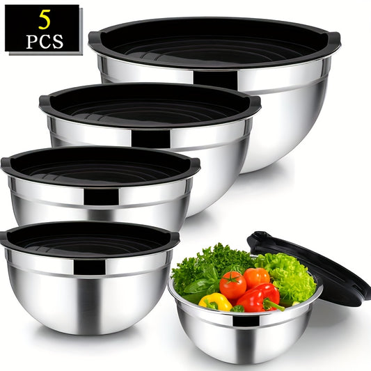 SteelMix TR — Set de 5 Bowls de Acero Inoxidable con Tapas Selladas (Apto para Horno, Cocina Multifuncional)