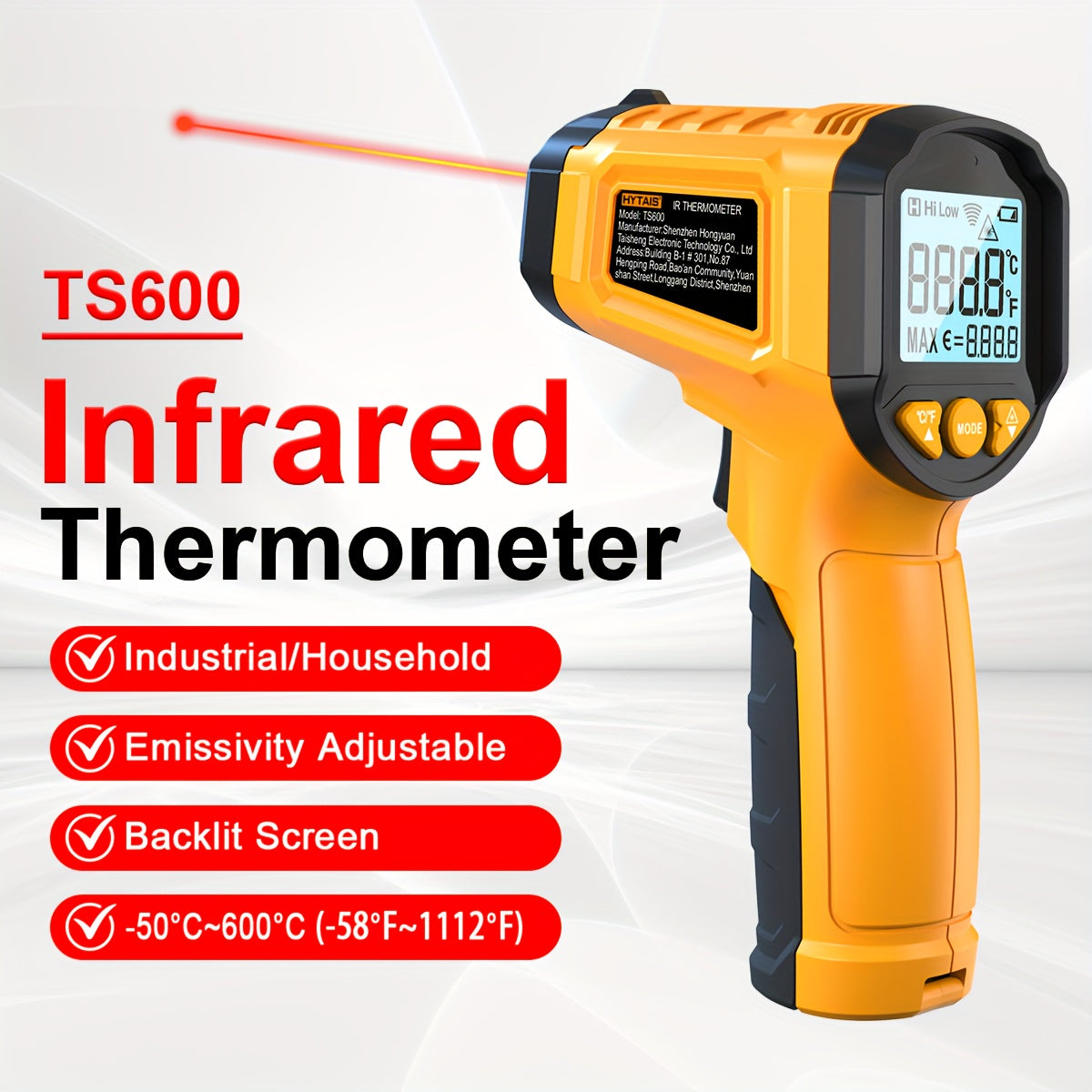 HYTAIS Infrared Thermometer with Laser Aiming - Fast Reading, Non-Contact, Wide Temperature Range (-50°F to 1112°F), Perfect for Cooking and Baking, Baking Thermometer | Digital Display | Plastic Body, Thermometer for Oven