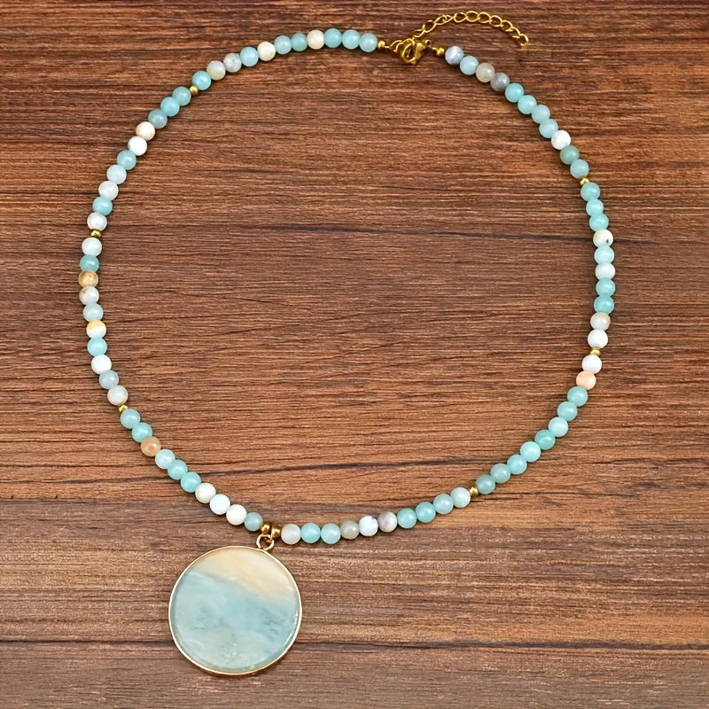1pc Natural Stone Round Amazonite Pendant Necklace - Bohemian Style Multicolor Bead Chain Jewelry for Women, Casual Attire & Summer Vacation Gift, Year-Round Versatile Accessory
