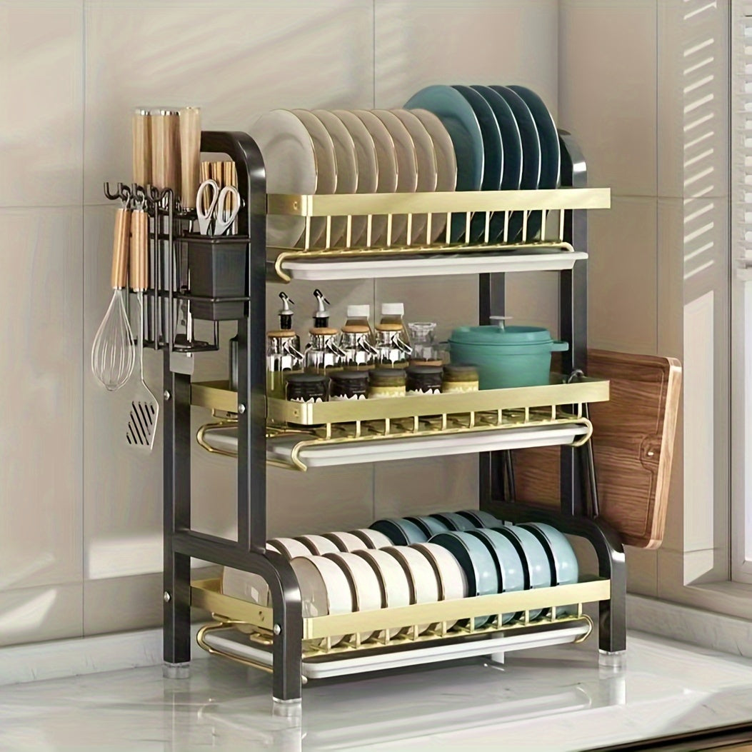 A Complete Set of High-Quality Carbon Steel Three-Layer Bowls, Plates, Chopsticks, Forks, Spoons, Cups, And a Cutting Board with a Draining And Storage Rack.