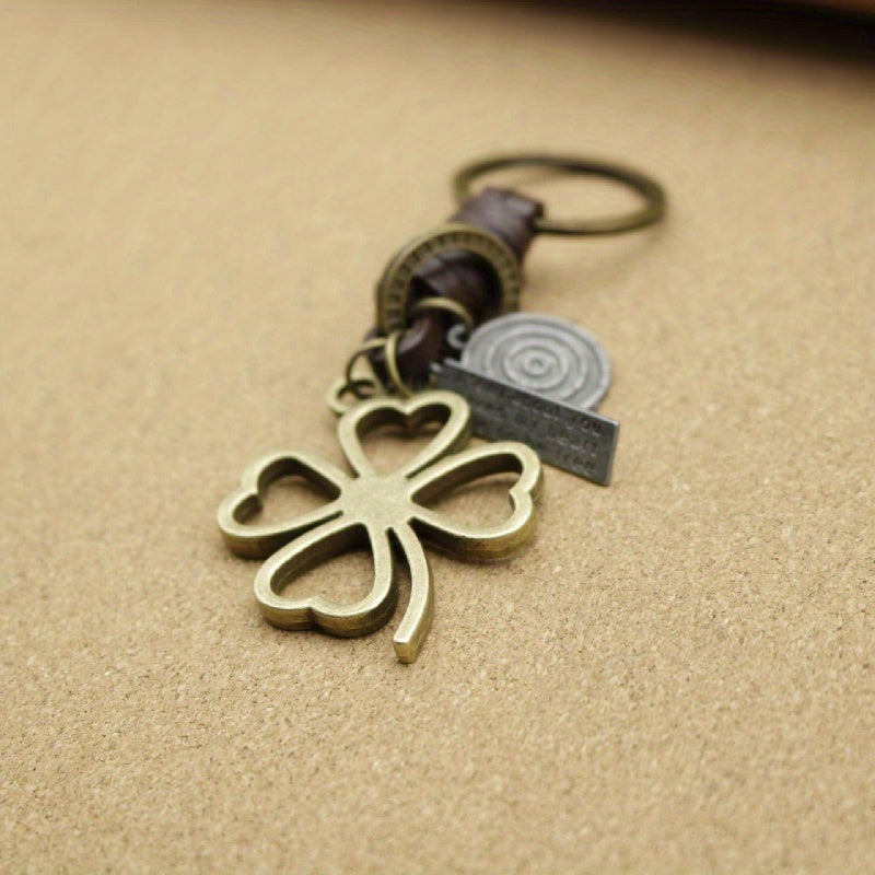 Men's Vintage Clover Keychain | Zinc Alloy with Heart Detail | Bronze Finish & Braided Faux Leather Strap | Casual Style | Durable Metal Charm for Keys and Accessories, Key Organization | Vintage Keychain | Spiral Metal Accen