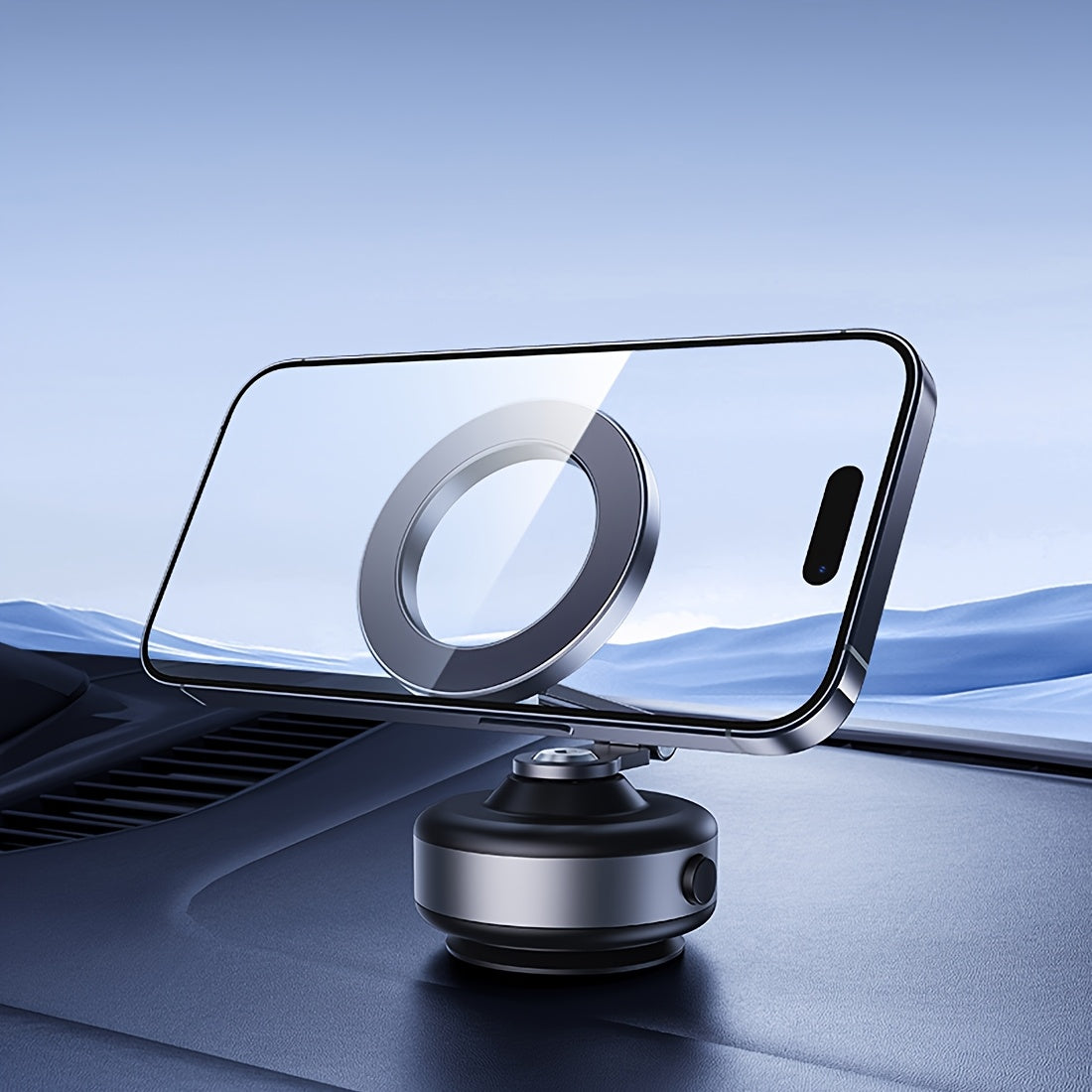 Dark Grey Magnetic Car Mount with 360° Rotation - Durable Aluminum Alloy, Strong Adhesion, Adjustable Stand for iPhone and Android Devices, Perfect for Live Streaming in Car, Gym, Mirror, Smooth Surface, Includes Magnetic Lo
