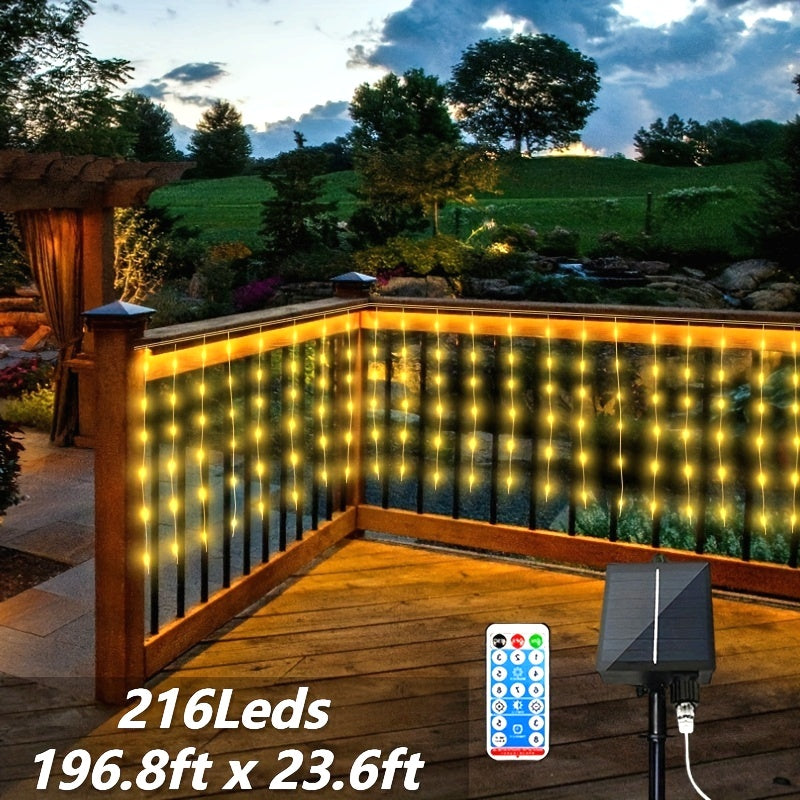 1 pack, outdoor solar 59.98meter x 7.19meter curtain cord light, IPX4, 8 modes of remote control waterfall light, courtyard garden balcony birthday party wedding decoration light, commercial lighting atmosphere string light,