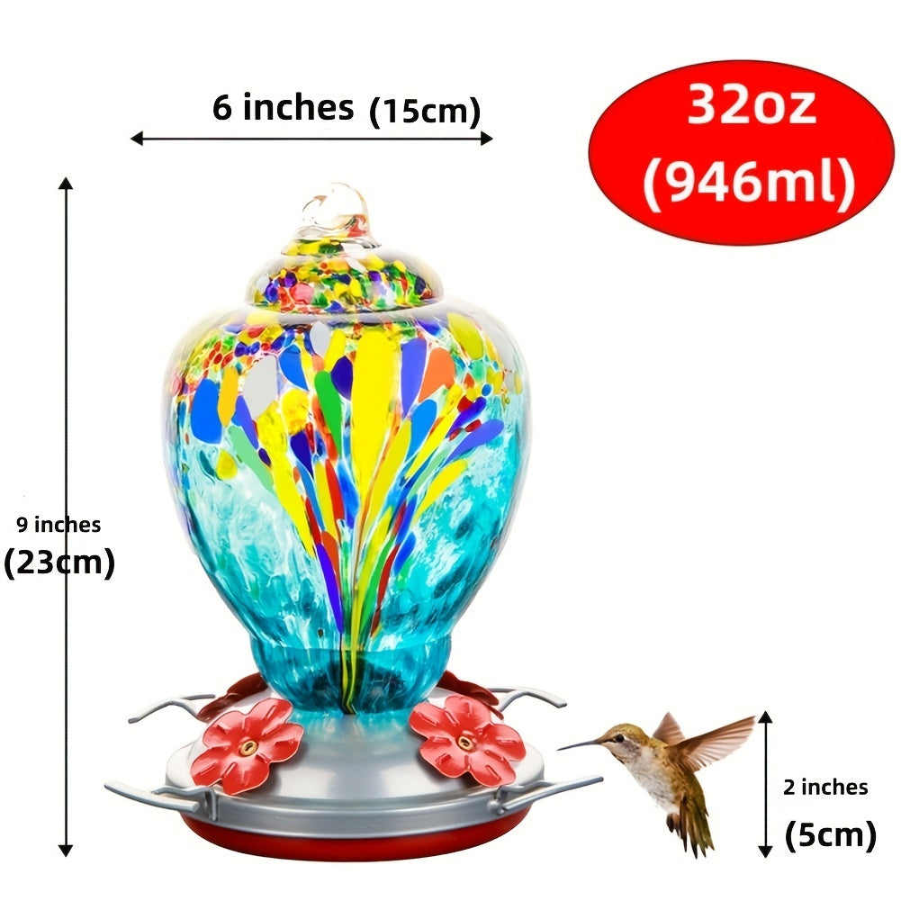 Colorful Hand-Blown Glass Hummingbird Feeder: 32oz (946ml) Capacity, Outdoor Hanging, Ant Moat, No Electricity Required
