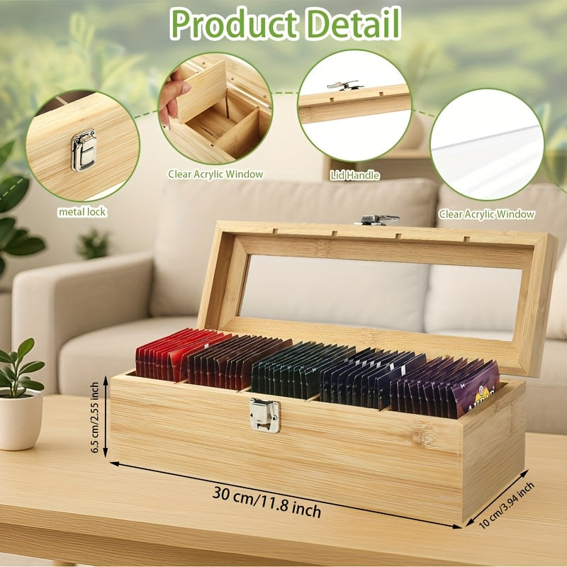 1pc Bamboo Tea Bag Organizer with Transparent Glass Lid - Multi-Compartment Storage Box for Tea, Coffee, and Desk Supplies, Natural Wood Finish, Colorful Tea Bag Display, Perfect for Kitchen or Office Organization, Tea Storag