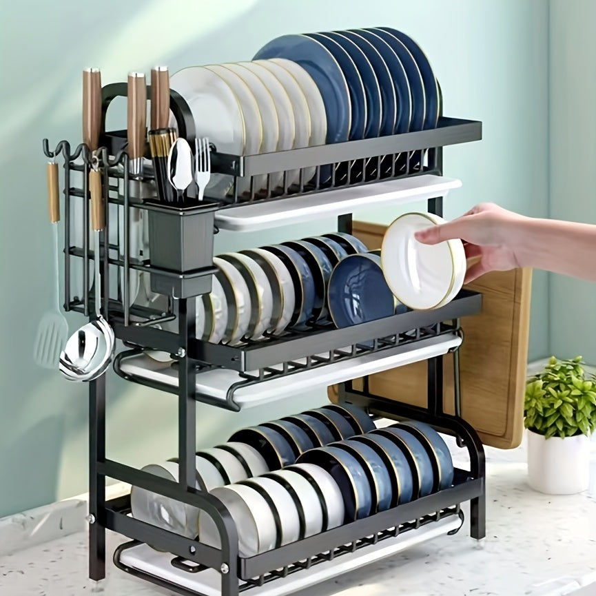 A Complete Set of High-Quality Carbon Steel Three-Layer Bowls, Plates, Chopsticks, Forks, Spoons, Cups, And a Cutting Board with a Draining And Storage Rack.