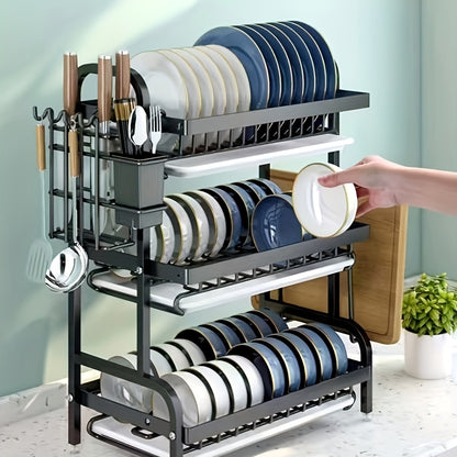 OrganizaPro EX — Estante de Cocina de 3 Niveles con Tabla de Corte, Drenaje y Almacenamiento (Acero al Carbono + Plástico)