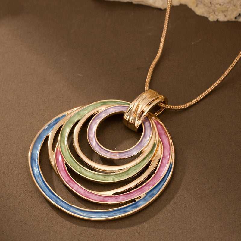 Women's Elegant Bohemian Necklace - Golden-Toned KC Chain with Green/Purple/Blue/Pink Gradient Pendant, Layered Oval Jewelry for Everyday & Formal Events, Valentine's Gift for Her - Year-Round Wearable Art, Party Accessory, G