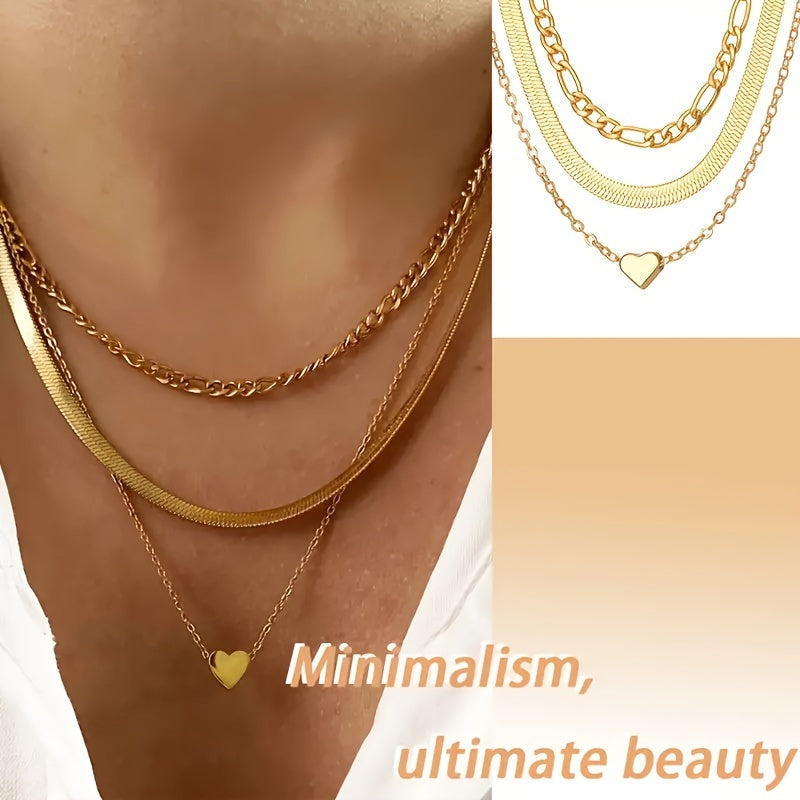 Elegant Layered Heart Charm Snake & Cuban Chain Necklaces, Retro Classic Style Fashion Women's Clavicle Chain Jewelry Set