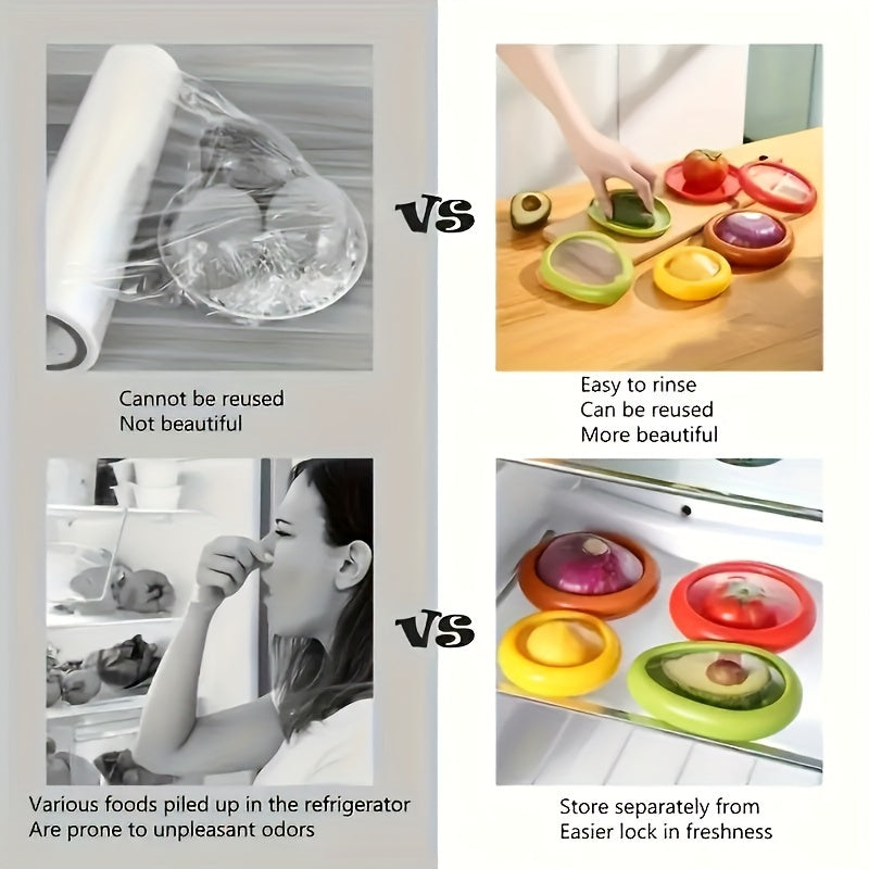 A Set of 4 Silicone Fruit And Vegetable Storage Containers, Reusable Fridge Storage Boxes, Ideal for Preserving Avocados, Tomatoes, And Perfect for Garlic, Onions, Lemons, And Potatoes.