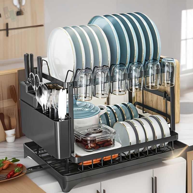 Heavy-Duty Carbon Steel Kitchen Dish Rack - Space-Saving Two-Tier Organizer with Drainage System, Compact Countertop Organizer for Plates, Bowls, Cups, Knives, Spoons - Ideal for Small Kitchens, Apartments, Restaurants - Easy