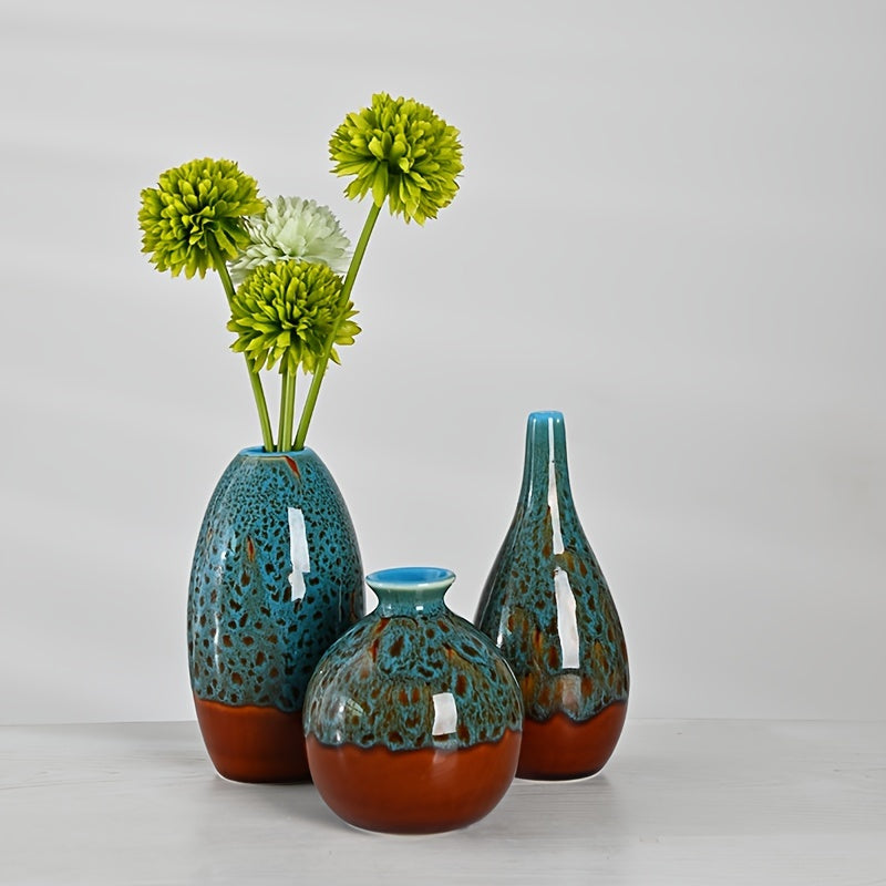 BohoBloom VA — Set de 3 Mini Jarrones de Cerámica Azul (Acabado Mate, Estilo Bohemio Moderno)