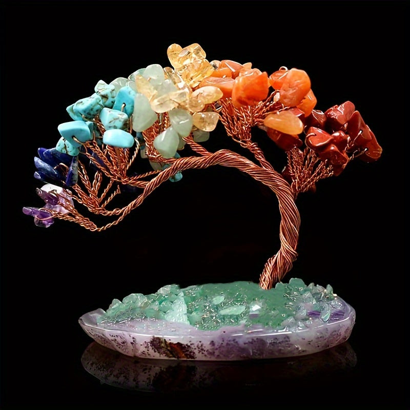 Natural Crystal Feng Shui Seven Chakras Colorful Stone Agate Base Wealth Tree Welcoming Pine, Spiritual Item
