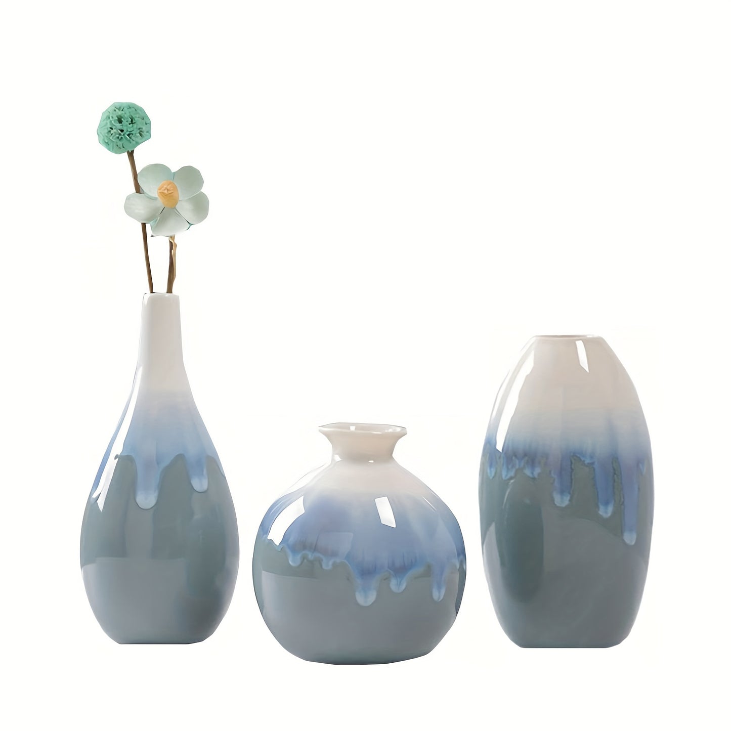 TrioZen VA — Set de 3 Jarrones de Cerámica Pequeños (Estilo Boho Minimalista, Patrón de Pintura en Tinta)