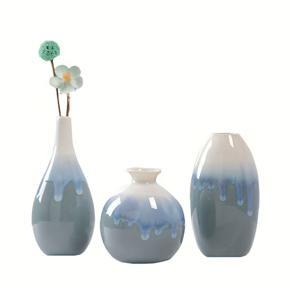 TrioZen VA — Set de 3 Jarrones de Cerámica Pequeños (Estilo Boho Minimalista, Patrón de Pintura en Tinta)