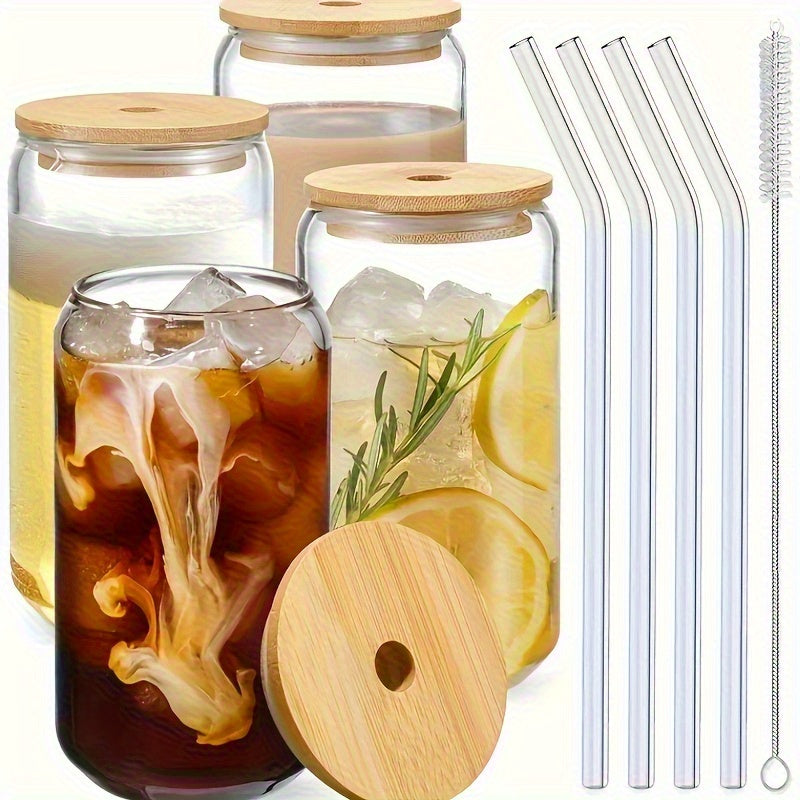 BrewJoy Set — Vasos de Vidrio con Tapa, Bombilla y Cepillo (4 Piezas)