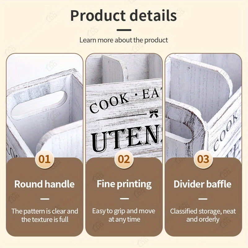 LDQ 1pc 3-Compartment Rustic Wooden Kitchen Utensil Holder, Countertop And Wall-Mounted Kitchen Storage Utensils, Kitchen Organization And Storage, Kitchen Accessories for Fork, Spoons, And More Cook Utensils | Multi-Purpose