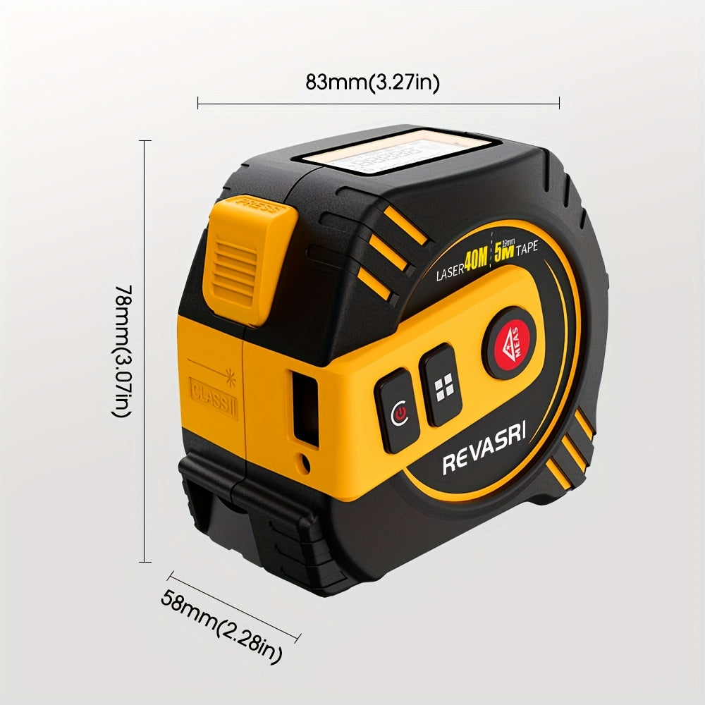 REVASRI 2-in-1 Laser Measuring Tool - 131ft/40m Laser Distance Meter & 16ft/5m Tape Measure, USB Rechargeable with LCD Display, Supports Pythagorean Theorem, Area & Volume Calculations, Feet/Inches/Meters Switchable, Ideal fo