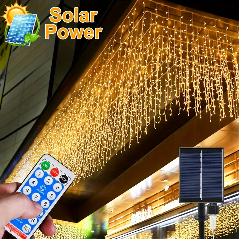 1 pack, outdoor solar 59.98meter x 7.19meter curtain cord light, IPX4, 8 modes of remote control waterfall light, courtyard garden balcony birthday party wedding decoration light, commercial lighting atmosphere string light,