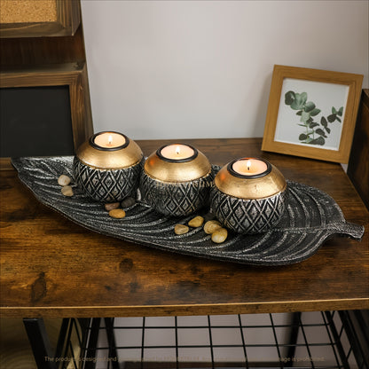 Leaf Harmony — Set de Portavelas de Madera con Bandeja y Esferas