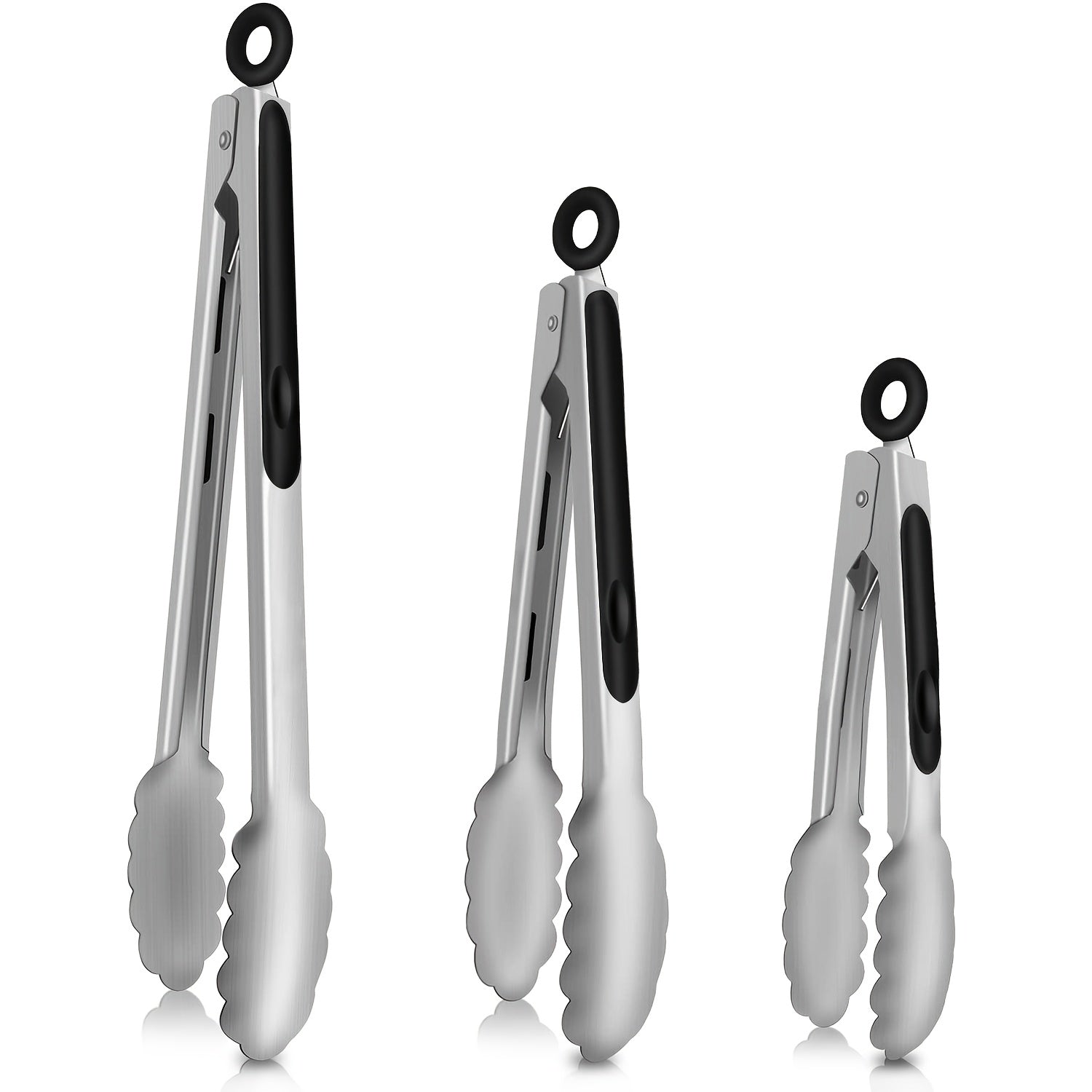 Stainless Steel Kitchen Tongs Set - 3 Pieces Heavy Duty Food Tongs with Locking Design, Heat Resistant up to 600°F, Non-Slip for Cooking, Salad, BBQ - Dishwasher Safe, Multi Size (20.32/26.67/34.29 cm)
