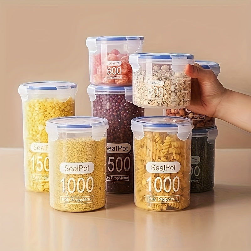 6pcs Sealed Food Storage Container Set, Grain Storage Box - Transparent Plastic, Stackable Sealed Jar, with Blue Lid, Suitable for Kitchen Finishing - Very Suitable for Grains, Nuts, Tea, Etc.