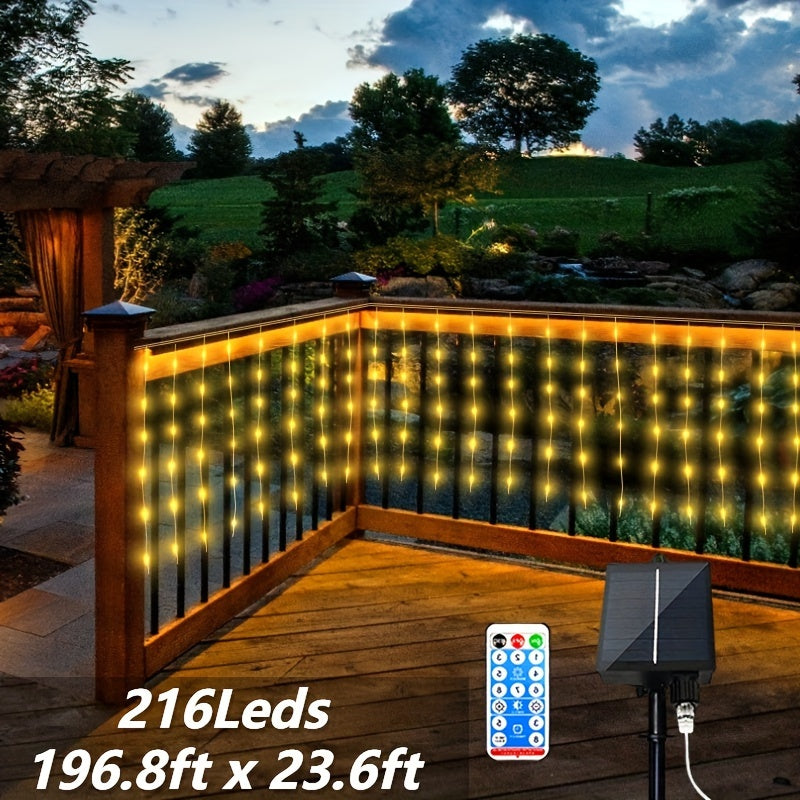 1 pack, outdoor solar 59.98meter x 7.19meter curtain cord light, IPX4, 8 modes of remote control waterfall light, courtyard garden balcony birthday party wedding decoration light, commercial lighting atmosphere string light,