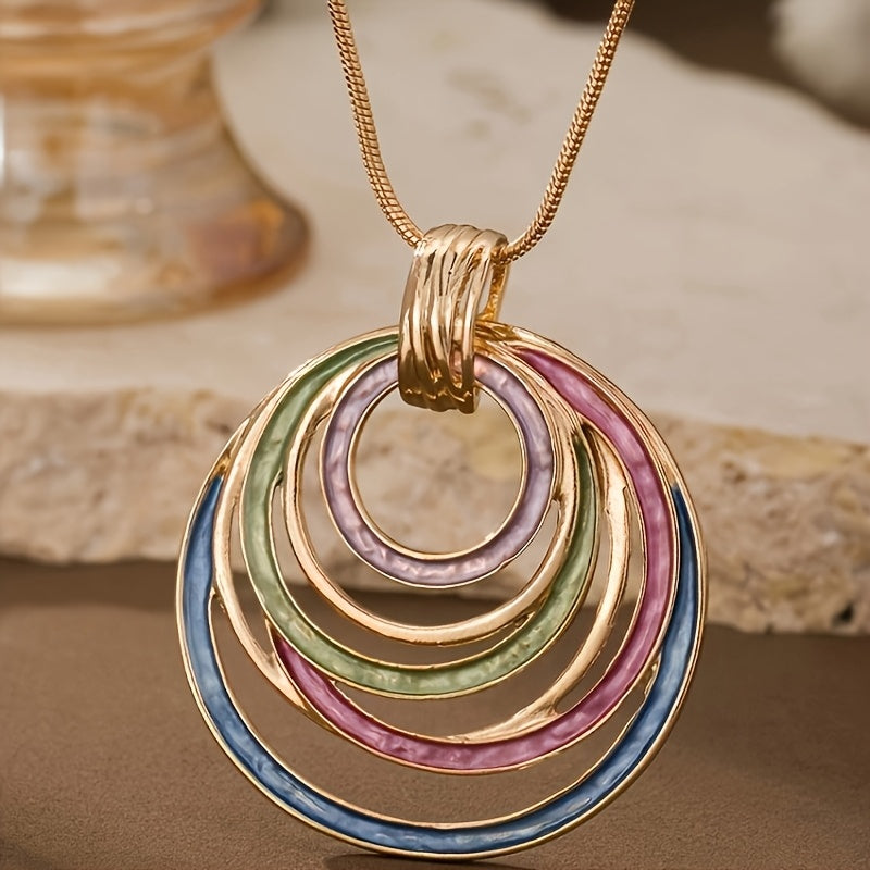 Women's Elegant Bohemian Necklace - Golden-Toned KC Chain with Green/Purple/Blue/Pink Gradient Pendant, Layered Oval Jewelry for Everyday & Formal Events, Valentine's Gift for Her - Year-Round Wearable Art, Party Accessory, G