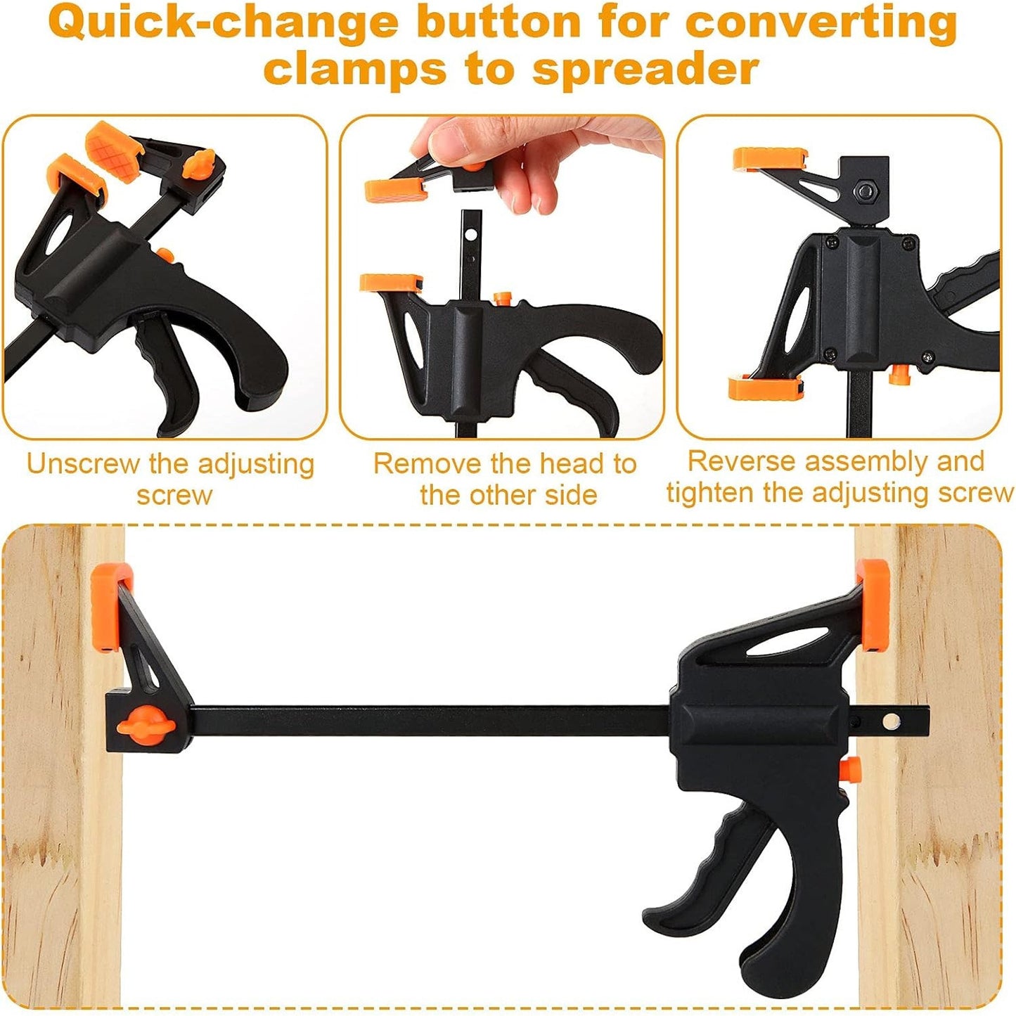 GripFast KF — Set de 4 Mini Prensas de Carpintería (4", Operación con Una Mano, Mango Doble Naranja)