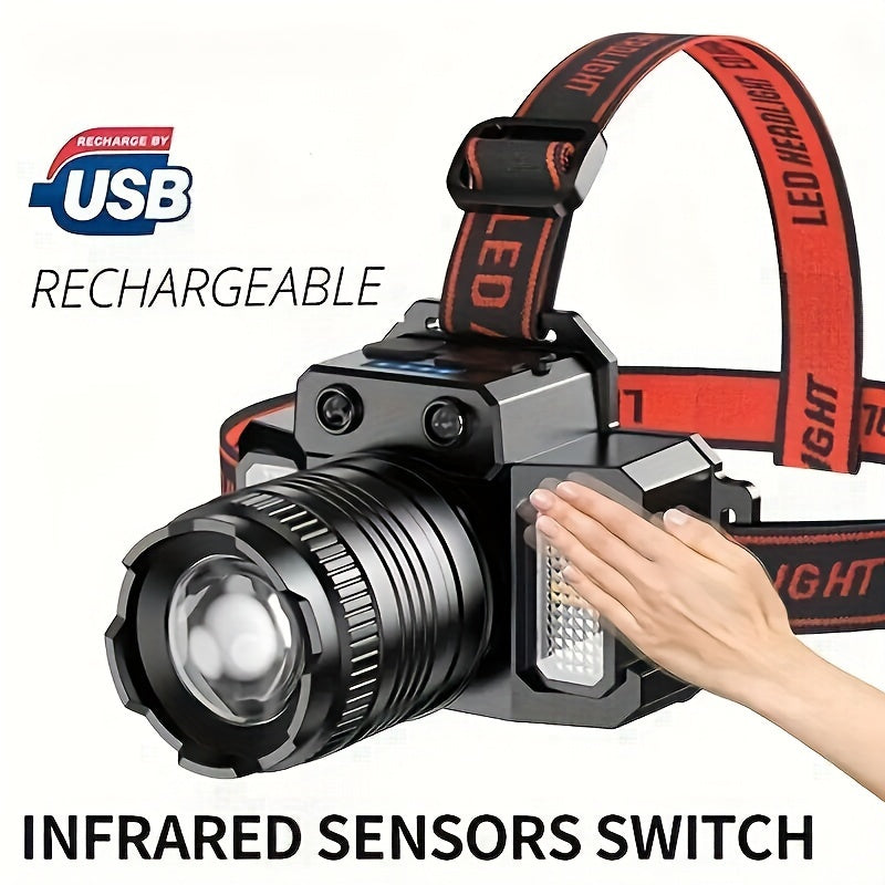 1pc HXP50+COB Rechargeable LED Headlamp, Hands-Free Head Mount Torch with Infrared Sensor Switch, 1500mAh Lithium Battery, USB Cable Included, for Outdoor Camping, Fishing, Climbing, Emergency Light