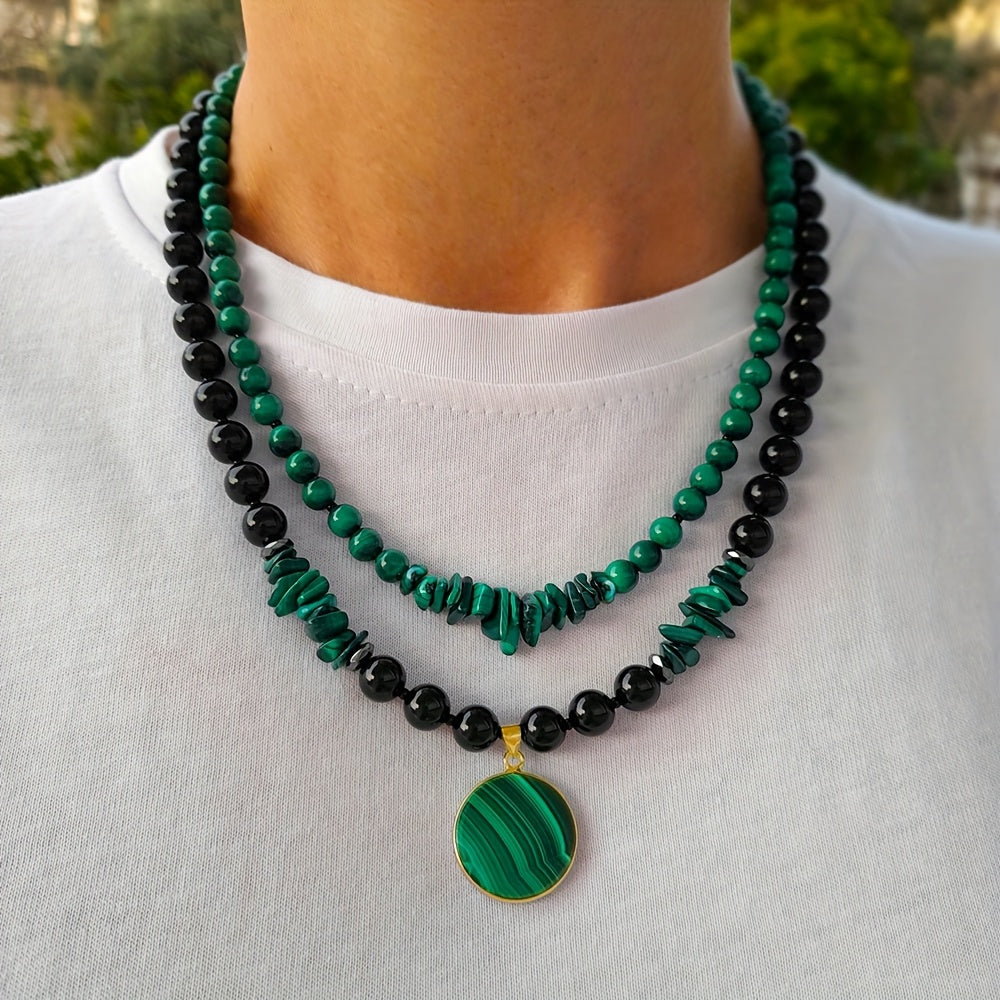 2pcs/Malachite and Black Agate Double-Layered Necklace Set for Women, Handmade Jewelry with Large Natural Stone Pendant and Multi-Strand Beads, Birthday Gift for Mom