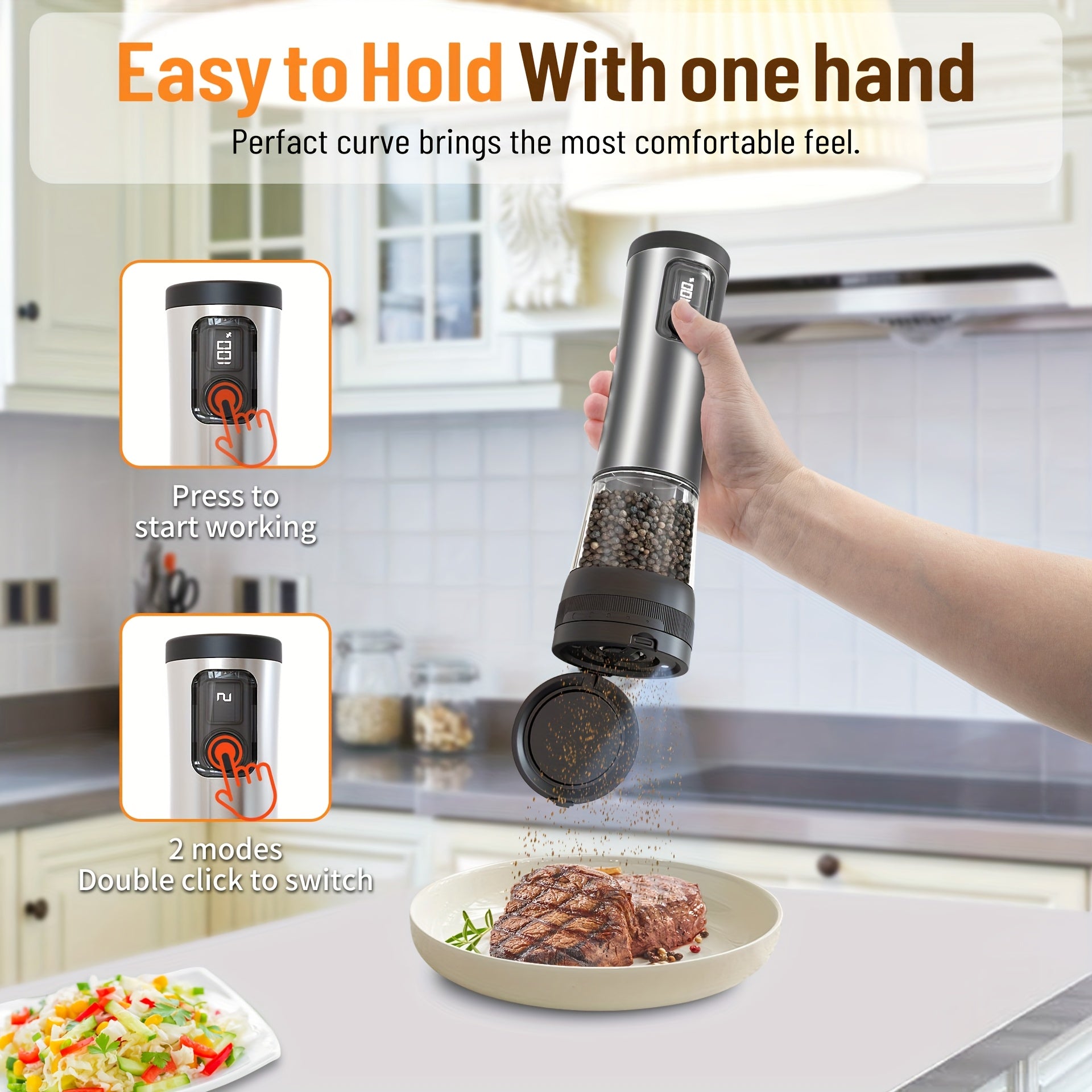 2pcs, Stainless Steel Electric Pepper Salt Grinder with LED Display, Combination Base and USB Charging, Roughness Adjustable, Large Capacity Pepper Salt Grinder, Suitable for Kitchen, Restaurant and Outdoor Use, Ideal Choice