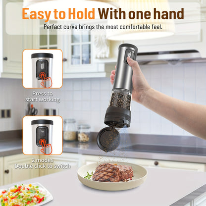 GrindLux WA — Set de 2 Molinillos Eléctricos de Sal y Pimienta con Pantalla LED (Acero Inoxidable 301, USB Recargable, Base Combinada)