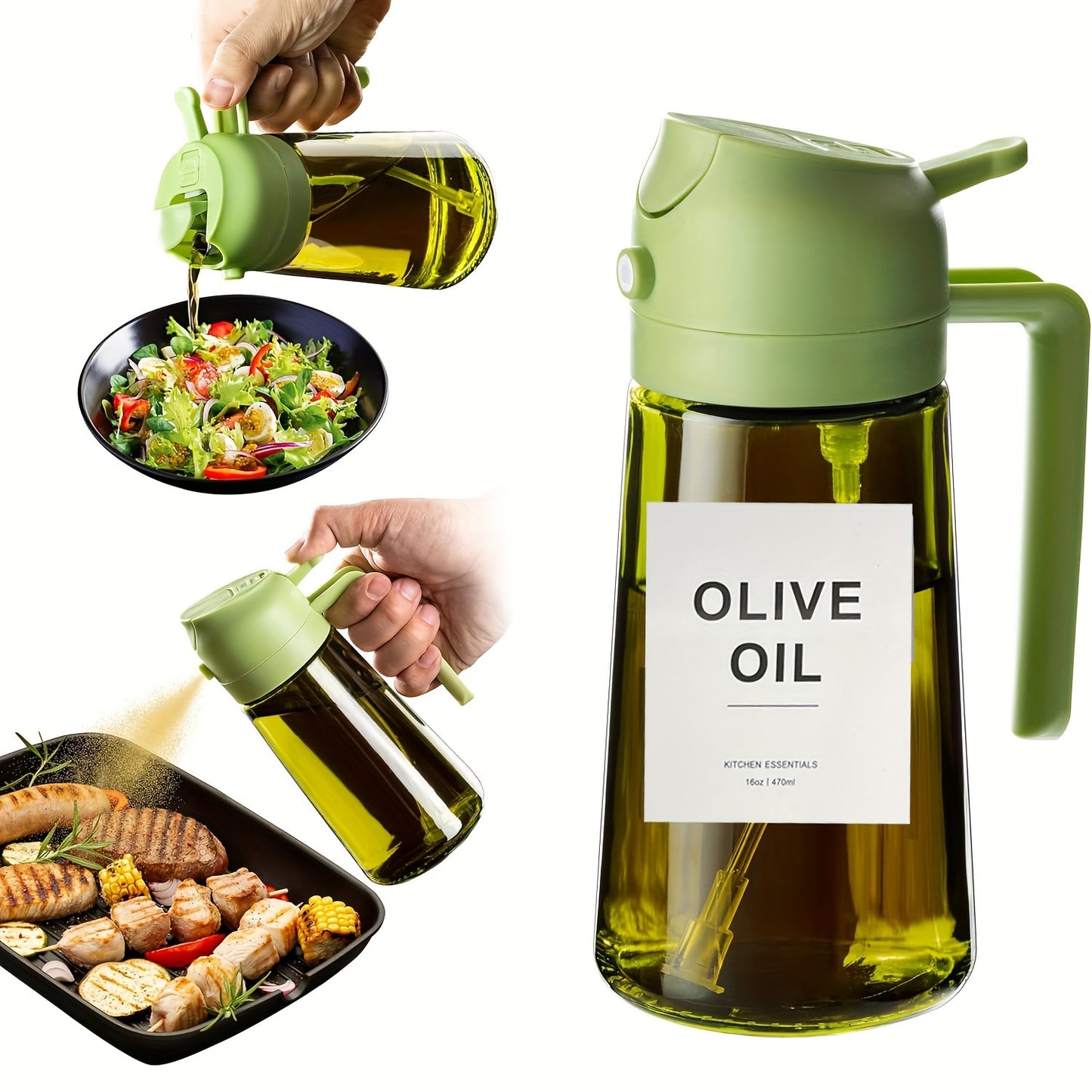 OliVerde EX — Dispensador de Aceite de Vidrio 2 en 1 con Tapa Automática (16oz, Color Verde Oliva, Etiquetas Incluidas)