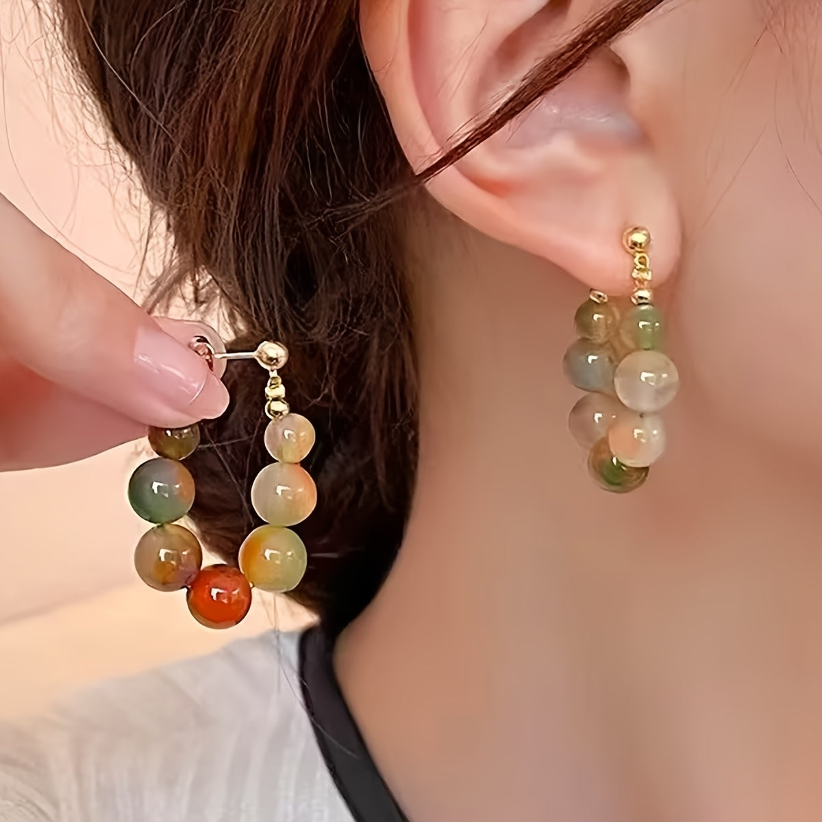 Pair of Vintage Bohemian Beaded Drop Earrings for Women – Colorful Marbled Stone Design, Golden-Tone Hooks, Perfect for Parties, Holidays, and Casual Attire, Quirky Earrings