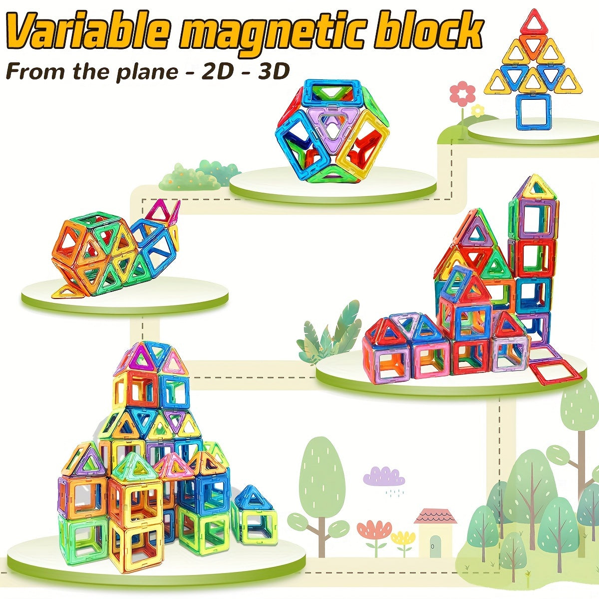 Large Magnetic Building Blocks STEM Educational Set with Storage Bag - 3D Architectural Construction for, Creative Learning Gift with Interlocking Rods, Squares, Triangles & Curved Brackets - Birthday/Christmas/Halloween Gift