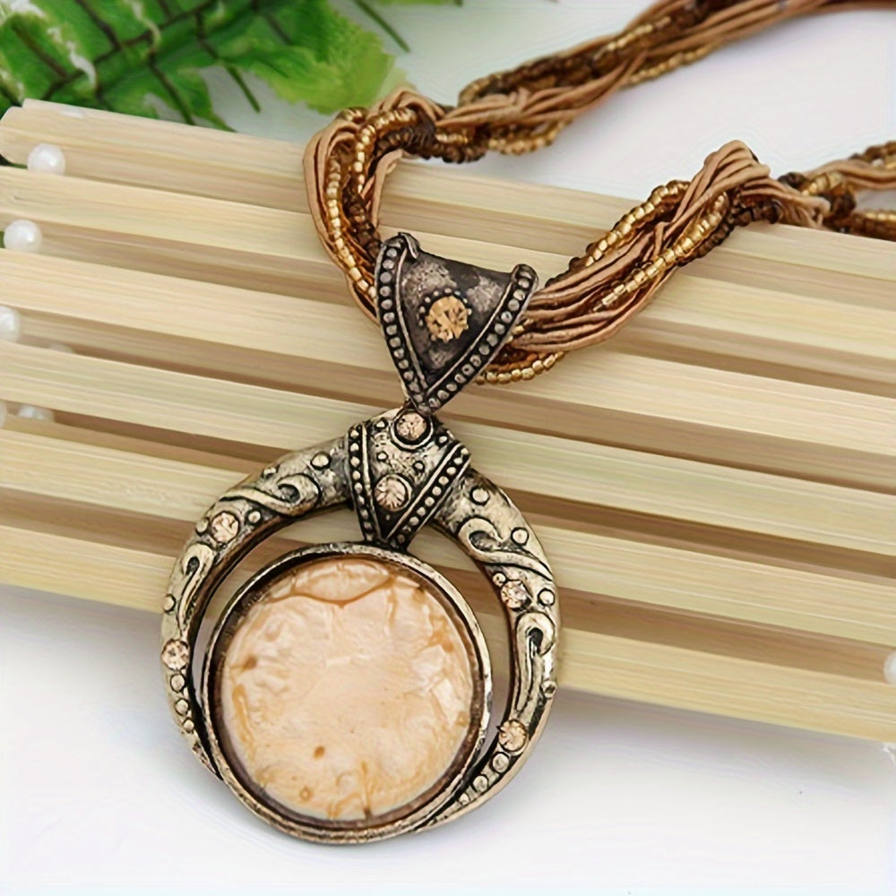 1pc Elegant Bohemian Handmade Pendant Necklace with Round Faux Gemstone, Alloy Material, Perfect for Women'S Party And Festival Celebrations, Versatile Jewelry Accessory for All Seasons, Festive Jewelry | Elegant Pendant | Al