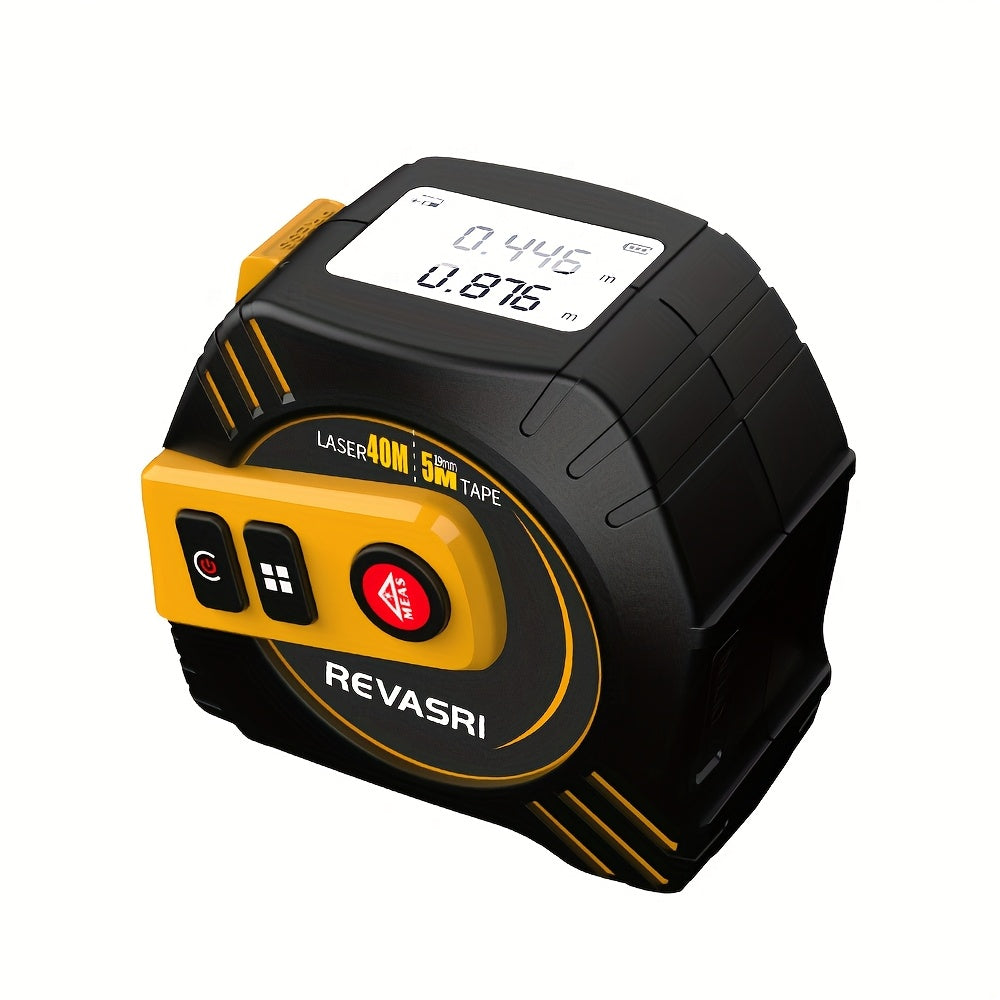 REVASRI 2-in-1 Laser Measuring Tool - 131ft/40m Laser Distance Meter & 16ft/5m Tape Measure, USB Rechargeable with LCD Display, Supports Pythagorean Theorem, Area & Volume Calculations, Feet/Inches/Meters Switchable, Ideal fo