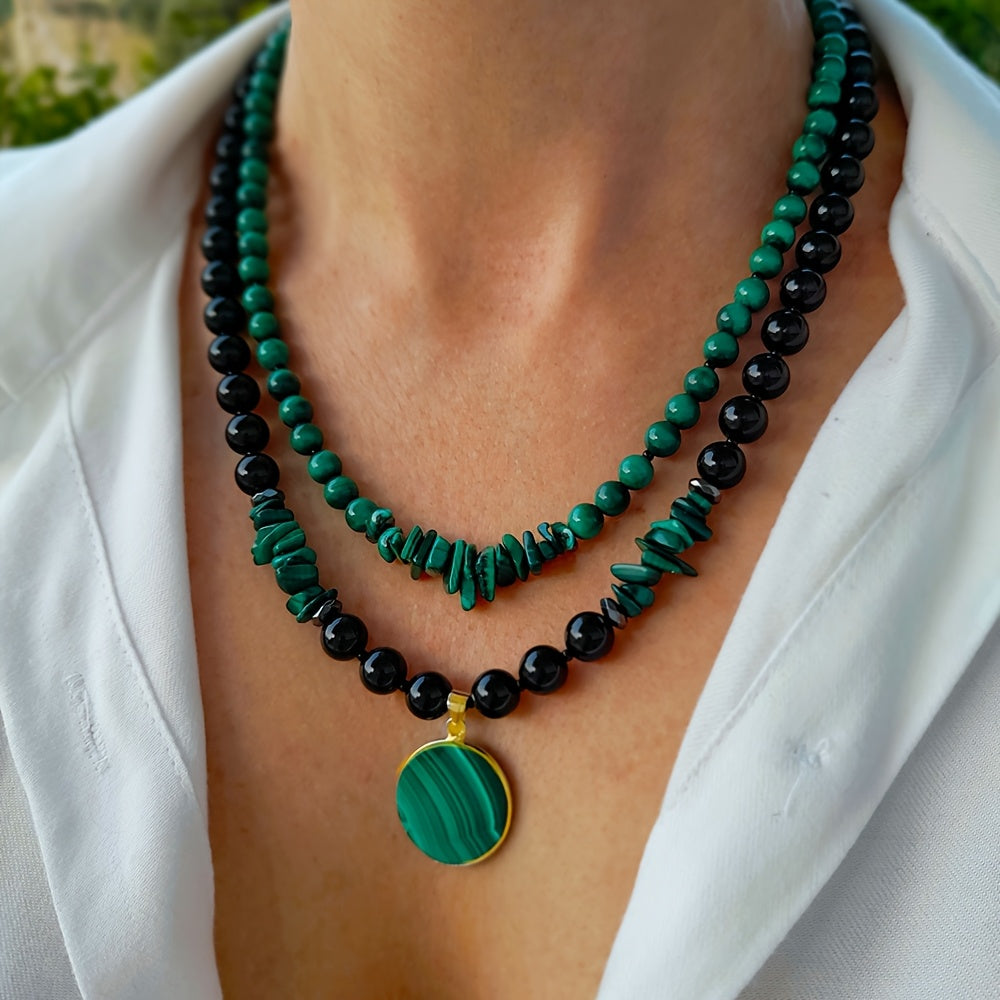 2pcs/Malachite and Black Agate Double-Layered Necklace Set for Women, Handmade Jewelry with Large Natural Stone Pendant and Multi-Strand Beads, Birthday Gift for Mom