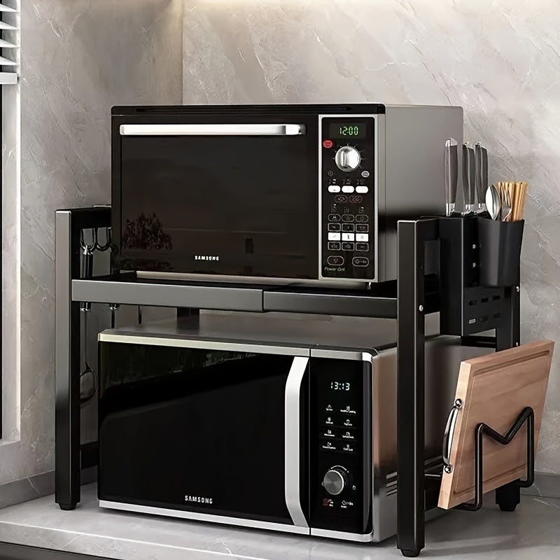 1pc Adjustable Metal Microwave Rack, a New Level of Kitchen Storage: Adjustable Length, Multi-Layer Usage, Retractable Microwave Kitchen Shelf for Countertop, Oven Rack, Home Use Rice Cooker Storage Shelf.